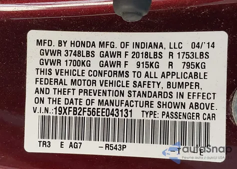2014 Honda Civic Lx z USA, uszkodzony, nr VIN 19XFB2F56EE043131